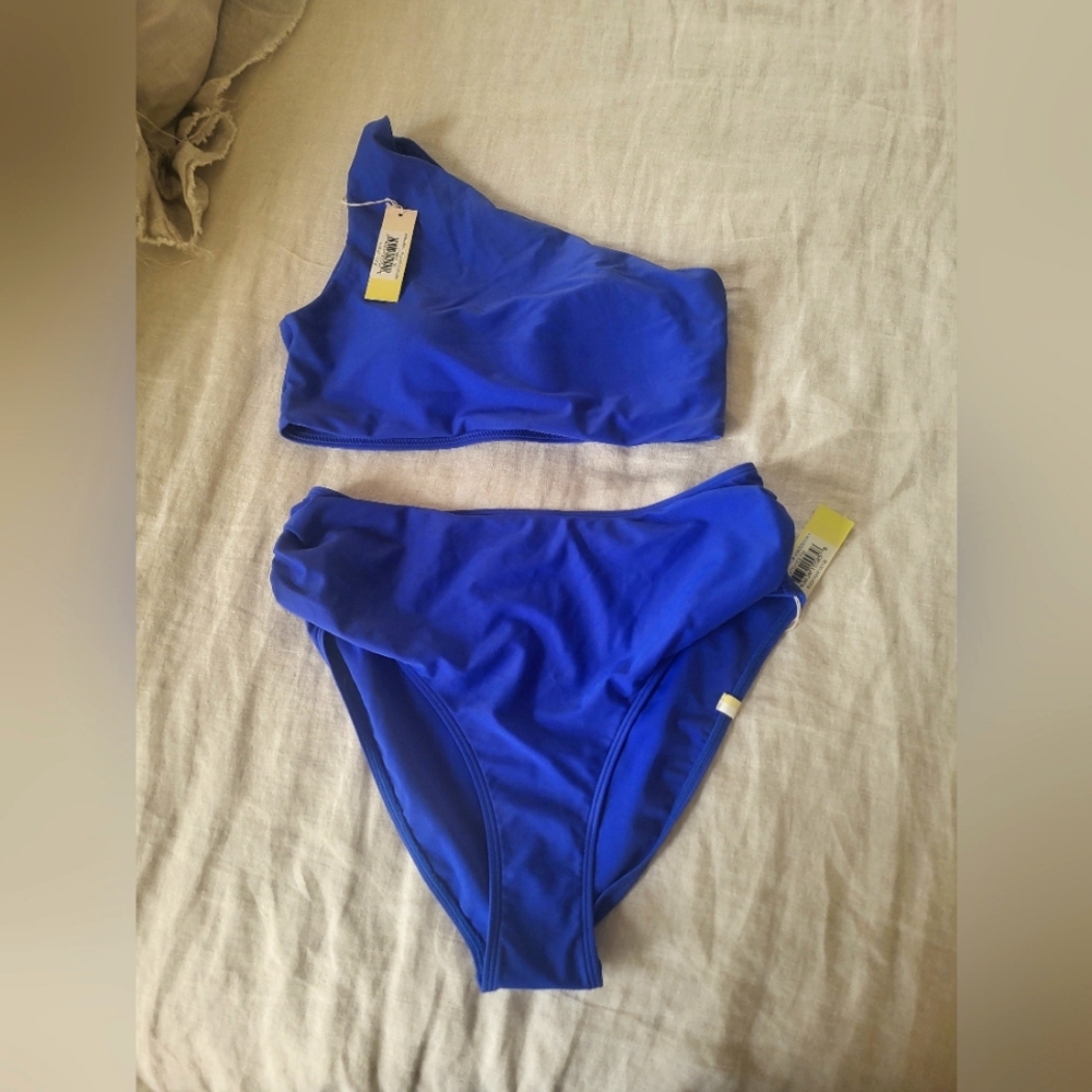 Summersalt Blue Ruched Sidestroke Bikini Top & Ruched High Leg High Rise Bottom